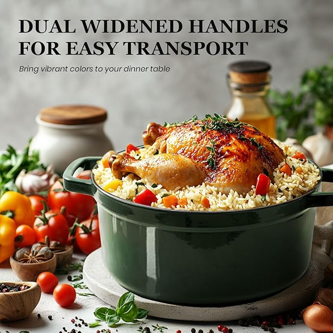 Overmont Enameled Cast Iron Dutch Oven - 5QT Pot with Lid Cookbook & Cotton Potholders - Heavy-Duty Cookware for Braising, Stews, Roasting, Sourdough Baking moss - Image 3