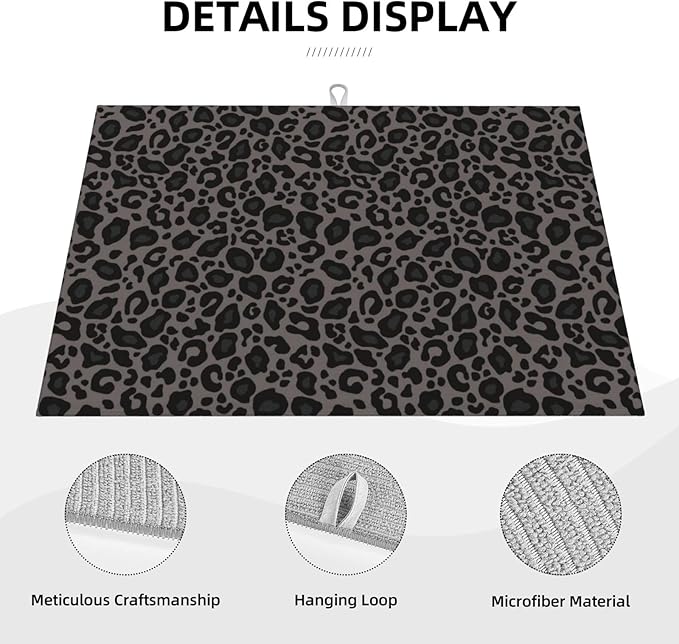 Black Grey Leopard Print Dish Drying Mat Cheetah Wild Animal Dark Skin Drying Rack Pad Countertop Dishes Ultra Absorbent Microfiber Kitchen Counter Mat 18x24 Inch