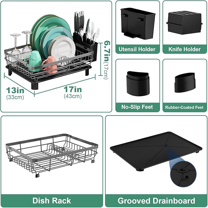 MOUKABAL Dish Drying Rack, Dish Rack, Stainless Steel Dish Racks for Kitchen Counter, Dish Drainer with Removable Utensil Holder, Drainboard (Grey,13''W x 17''L) - Image 2