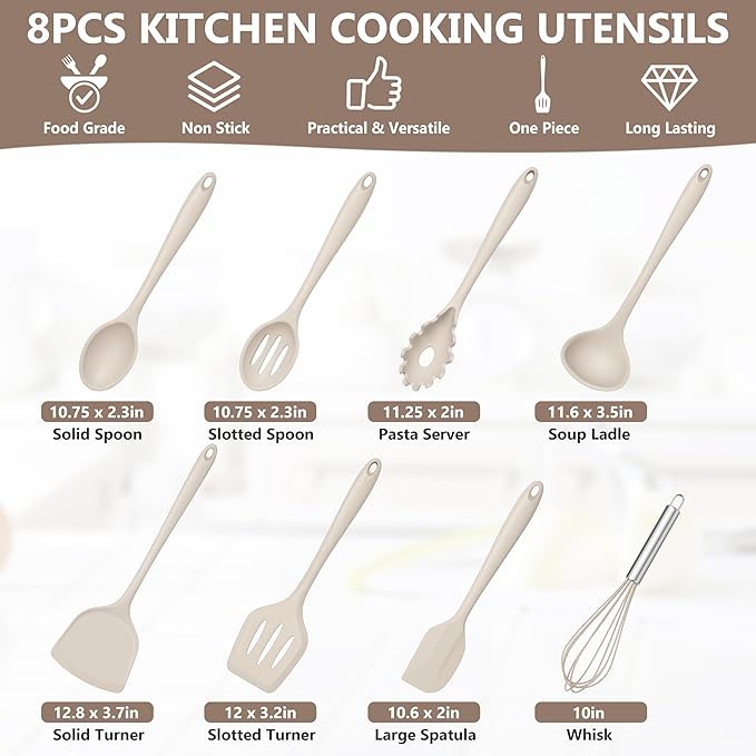 TeamFar 8 PCS Silicone Cooking Utensils - 446°F Heat Resistant Kitchen Silicon Utensils Set, Turner, Spatula, Spoon, Whisk, Kitchen Cooking Gadgets Tools for Nonstick Cookware, Dishwasher Safe-Khaki - Image 2