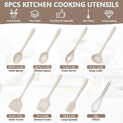TeamFar 8 PCS Silicone Cooking Utensils - 446°F Heat Resistant Kitchen Silicon Utensils Set, Turner, Spatula, Spoon, Whisk, Kitchen Cooking Gadgets Tools for Nonstick Cookware, Dishwasher Safe-Khaki - Image 2