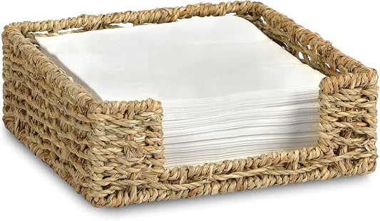 Graciadeco Ratten Napkin Holder for Table, Square Seagrass Serving Tray for Paper Napkins Kitchen Restaurant Dinner Wicker Baskets 7.8" x 7.8" x 2.8"
