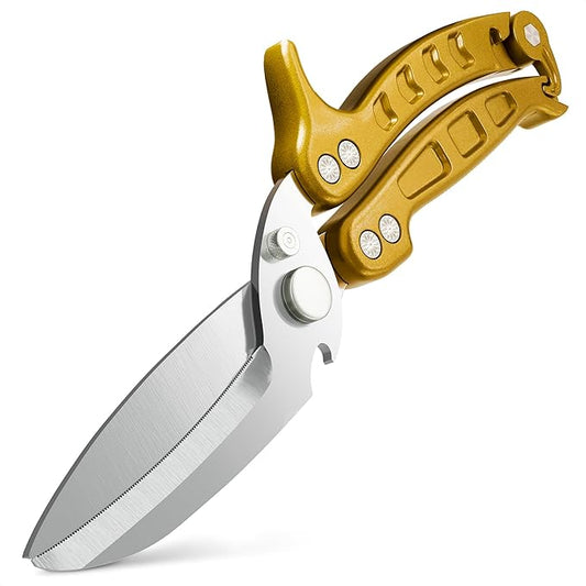 Heavy Duty Poultry Shears – Kitchen Shears Dishwasher Safe, Spring-Loaded, 3Cr14 Steel, Micro-Serrated, Separates for Easy Cleaning | Bone Scissors for Chicken, Turkey, Seafood & Fish Scale (Gold)