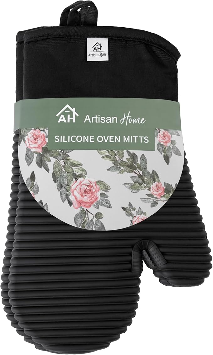 Extra Long Silicone Oven Mitts | Heat Resistant 500°F BPA-Free Food Grade Silicone Kitchen Mittens | 2-Piece Set of Oven Gloves Kitchens- Black - Image 2