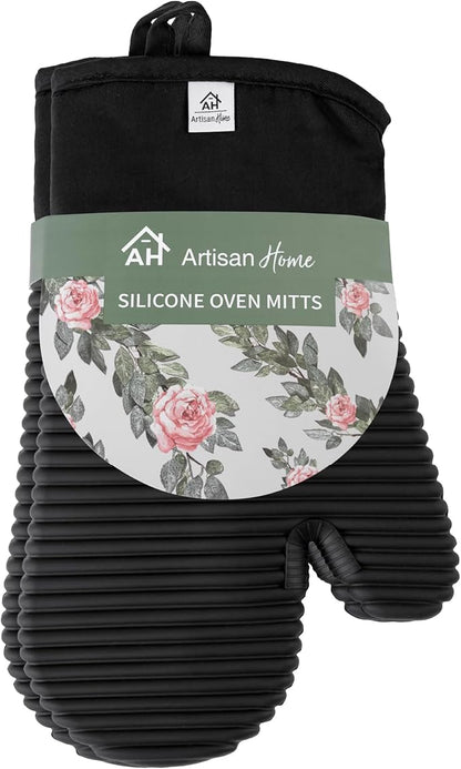 Extra Long Silicone Oven Mitts | Heat Resistant 500°F BPA-Free Food Grade Silicone Kitchen Mittens | 2-Piece Set of Oven Gloves Kitchens- Black - Image 2