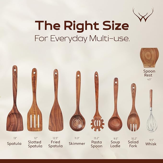 9 Pcs Teak Wooden Spoons for Cooking with Rest - Premium Utensils Set with Long Handles – Heat-Resistant Kitchen Tools for Stirring, Mixing, Serving – Durable Cooking Utensils Set with Spatula - Image 3