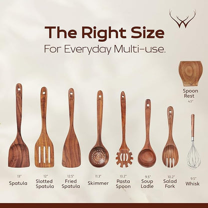 9 Pcs Teak Wooden Spoons for Cooking with Rest - Premium Utensils Set with Long Handles – Heat-Resistant Kitchen Tools for Stirring, Mixing, Serving – Durable Cooking Utensils Set with Spatula - Image 3