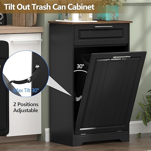 Single 10 Gallon Tilt Out Trash Can Cabinet with Deodorizing Function, Wooden Hidden Garbage Can Holder with Storage Drawers for Kitchen and Dining Room, Laundry Hamper Cabinet for Bathroom, Black