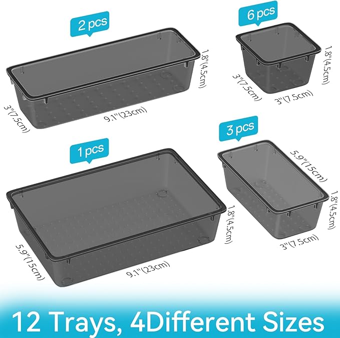 ElegantArray 12-Piece Drawer Organizer Set, 4 Sizes Versatile Plastic Vanity Organizer for Makeup, Stationery, Gadgets, in Kitchen, Bathroom, Office, and Bedroom, Black - Image 2