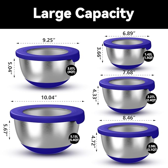 KITEISCAT Stainless Steel Mixing Bowls with Lids – Set of 5 Large Nesting Metal Bowls for Kitchen, Baking, Cooking, Food Prep & Storage, Non-Slip Base, Dishwasher Safe,Blue - Image 2