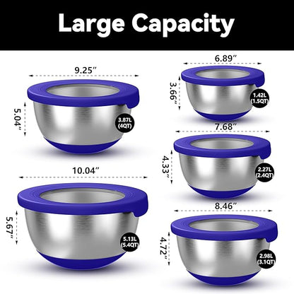 KITEISCAT Stainless Steel Mixing Bowls with Lids – Set of 5 Large Nesting Metal Bowls for Kitchen, Baking, Cooking, Food Prep & Storage, Non-Slip Base, Dishwasher Safe,Blue - Image 2