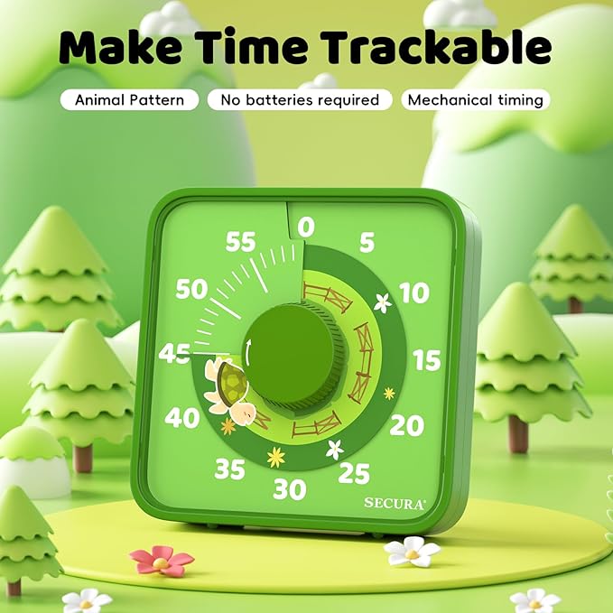 Secura 7.5-Inch Animal Pattern Visual Timer for Kids, 60-Minute Countdown Timer for Classroom or Kitchen, Durable Mechanical Timer Clock with Magnetic Backing (Green) - Image 2