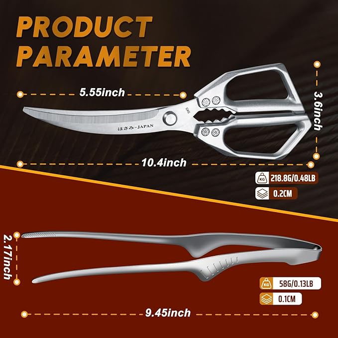 HUUSK Kitchen Scissors and Cooking Tong Set - Silver Kitchen Shears for Food with Stainless Steel BBQ Tongs, Japanese Style Dishwasher Safe Meat Scissors for All Purpose, Gifts for Men Women - Image 4