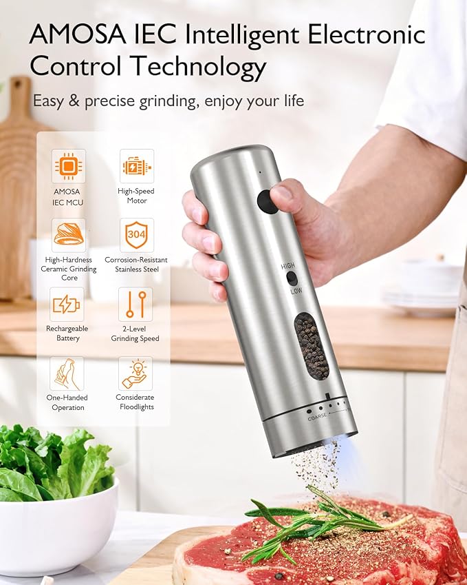 Electric Salt and Pepper Grinder Set, Upgraded 2-Speed Setting, External 6 Adjustable Coarseness, USB C Dual Rechargeable Base, All Stainless Steel Automatic Salt & Pepper Mill Shakers with LED Light - Image 2