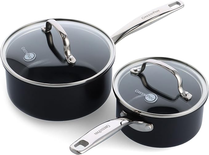 GreenPan Prime Chatham 1QT & 2QT Saucepan Pot Set with Glass Lids, Hard Anodized Diamond Infused Ceramic Nonstick, PFAS-Free, Dishwasher Safe, Oven Safe, Multipurpose Chefs Pan, Stay-Cool Handle,Black by GreenPan