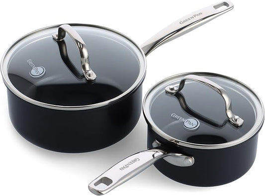 GreenPan Prime Chatham 1QT & 2QT Saucepan Pot Set with Glass Lids, Hard Anodized Diamond Infused Ceramic Nonstick, PFAS-Free, Dishwasher Safe, Oven Safe, Multipurpose Chefs Pan, Stay-Cool Handle,Black by GreenPan