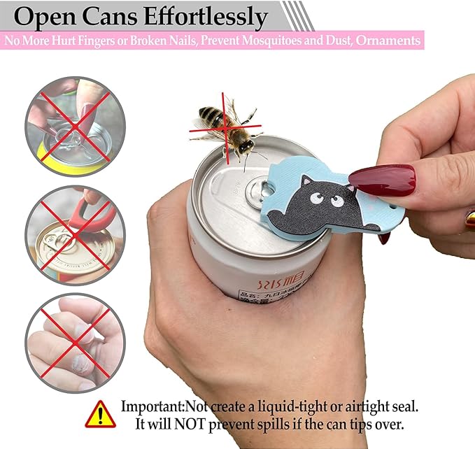 Soda Can Tab Opener Mini Soda Can Cover Easy Tab Opener and Drink Protector Cute Beverage Barricade Soda Protector for Beer,Coke,Aluminum Cans at Party,BBQ, Beach(Cat Face Blue&Rose)