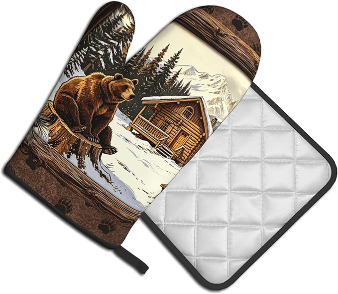 Vintage Oven Mitts and Pot Holders Sets Rustic Cabin Kitchen Gloves Bear Hot Pads Cute Baker Stuff Chef Cooking Baking Gifts for Women - Image 2