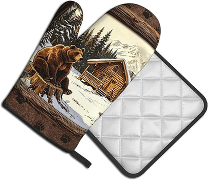 Vintage Oven Mitts and Pot Holders Sets Rustic Cabin Kitchen Gloves Bear Hot Pads Cute Baker Stuff Chef Cooking Baking Gifts for Women - Image 2