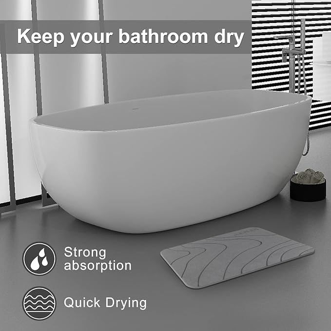 JUERLEN 2 Pack Diatomaceous Earth Shower Mat, Stone Bath Mat, Nonslip Super Absorbent Fast-Drying Hard Bath Mat for Bathroom Shower Floor, 24 x 16 inch, Grey Wave Design