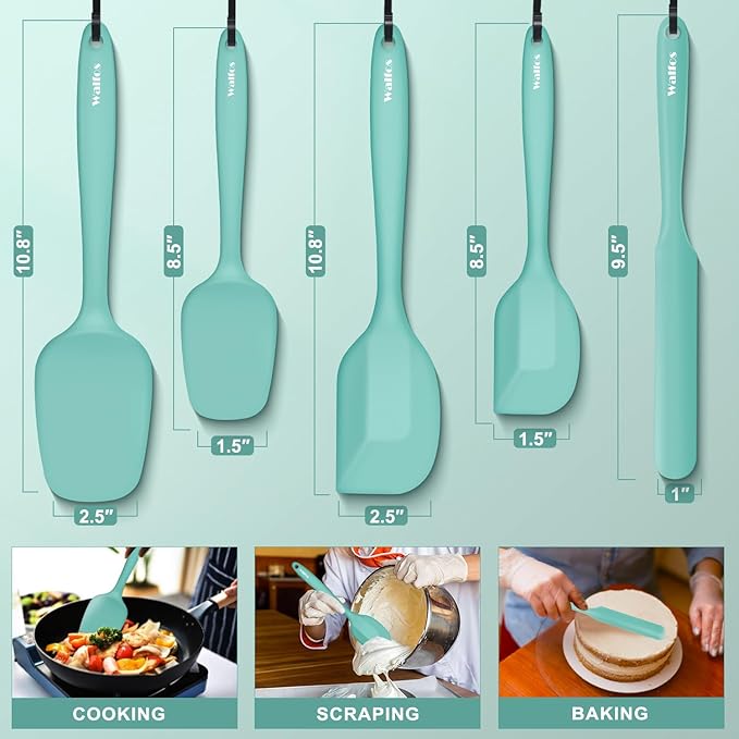 Walfos Silicone Spatula - 600°F High Heat Resistant Kitchen Spoon Spatulas（set of 5), Strong Steel Core and One-Pieces Design, For Cooking Mixing & Baking - BPA Free and Dishwasher Safe (Teal/Aqua) - Image 4