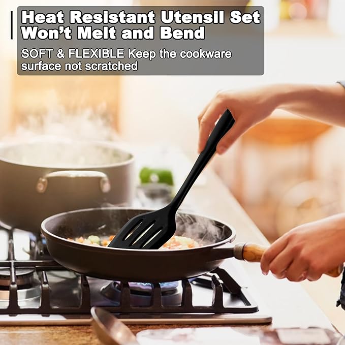 E-far 10 Pieces Silicone Cooking Utensils Set, Heat Resistant Kitchen Utensil Set for Nonstick Cookware, Kitchen Cooking Tools with Spatula, Spoon, Slotted Turner, Non-Toxic & Dishwasher Safe (Black) - Image 5