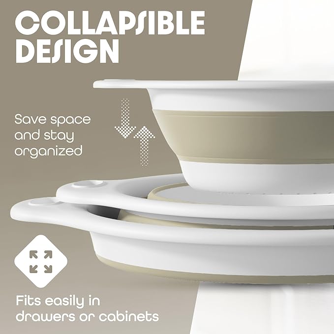 Gevoli Collapsible Colanders (3 Pack Set) Food Strainers with Over-Sink Water Draining Base for Pasta Fruits and Vegetables, White/Beige (3 Sizes, 3QT, 4QT and 5 Quart) - Image 5