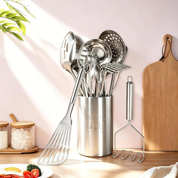 Stainless Steel Kitchen Utensils Set - 12pcs Cooking Utensils Set with Holder, Heat Resistant Kitchen Tool Set for Cooking with Turners, Potato Masher, Spatula, Spoons, Tongs, Whisk - Image 3