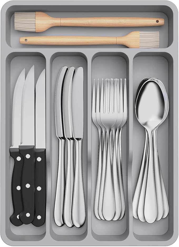 Lifewit Silverware Drawer Organizer Tray, Plastic Cutlery Storage for Kitchen, Flatware and Utensil Holder Divider for Spoons Forks Knives Tableware, 9.1 x 12.6", 5 Slots, Gray by Lifewit