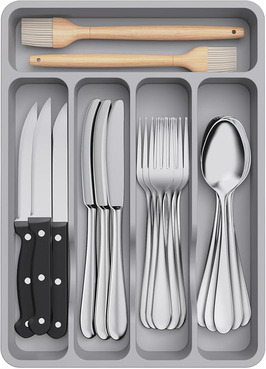 Lifewit Silverware Drawer Organizer Tray, Plastic Cutlery Storage for Kitchen, Flatware and Utensil Holder Divider for Spoons Forks Knives Tableware, 9.1 x 12.6", 5 Slots, Gray by Lifewit