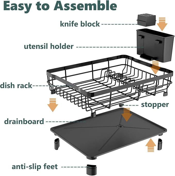 AIDERLY Iron Dish Drying Rack with Drainboard Dish Drainers for Kitchen Counter Extendable Spout Strainers with Utensil Holder and Knife Slots, Black - Image 5