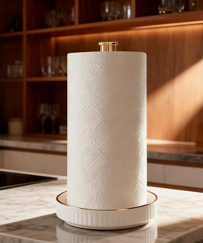 VROOMIUM Paper Towel Holder Countertop, Gold and Ceramic Base Easy-to-Clean, Fits Double to Family Rolls, Elegant and Durable Kitchen Roll Stand, Lux-Gold
