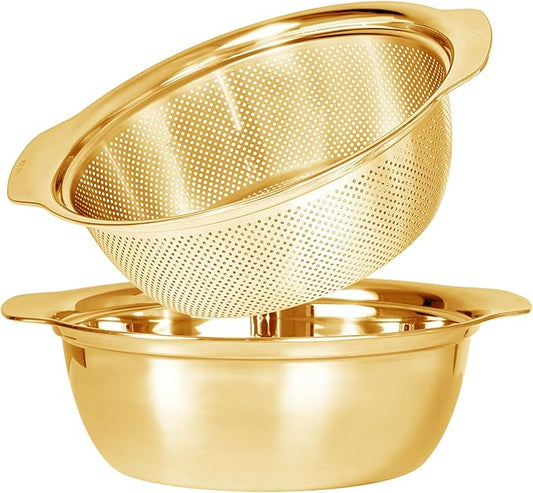 304 Stainless Steel Microporous Colander with Handle, Rice Washers Microporous Strainer Set For washing vegetables, fruits and rice, and draining cooked pasta(2.5QT with handle-Gold) by Paoli