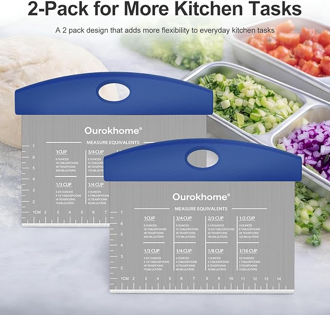 Ourokhome 2 Pack Bench Scraper Dough Cutter, Stainless Steel Dough Scraper with Laser-Etched Scale, Conversion Chart, Non-Slip Handle, Dishwasher Safe for Bread & Pastry, Blue - Image 6