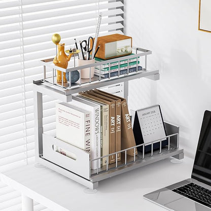 Under Sink Organizer, Heavy Duty Metal Pull Out Cabinet Organizer Slide Out Sink Shelf Organizer Height Adjustable, Multi-Purpose Storage Shelf for Kitchen Bathroom(Sliver,2Pack)