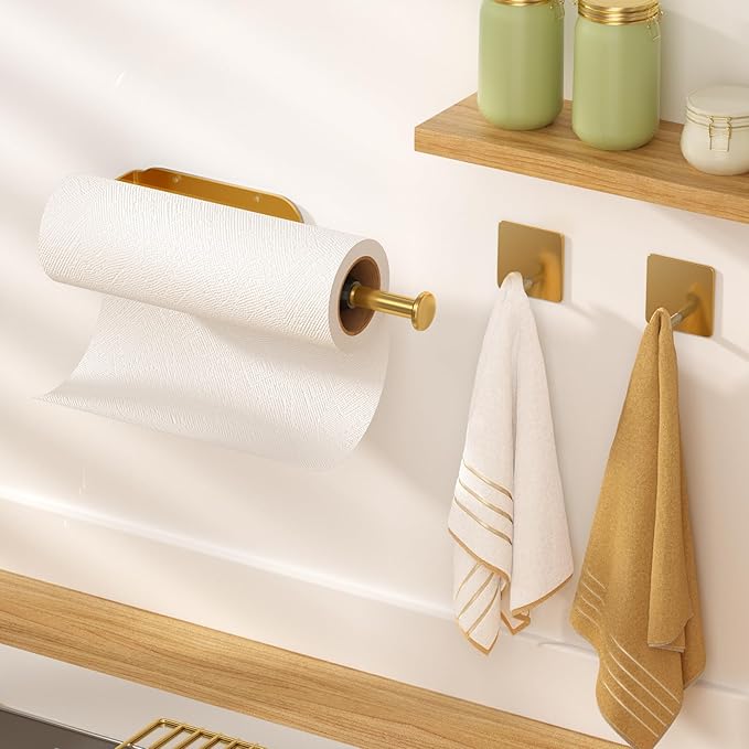 Paper Towel Holder Under Cabinet with 2 Hooks, Paper Towel Holder Wall Mount with Damping Effect, Self-Adhesive or Drilled Paper Roll Holders for Kitchen, Bathroom, RV(Gold) - Image 3