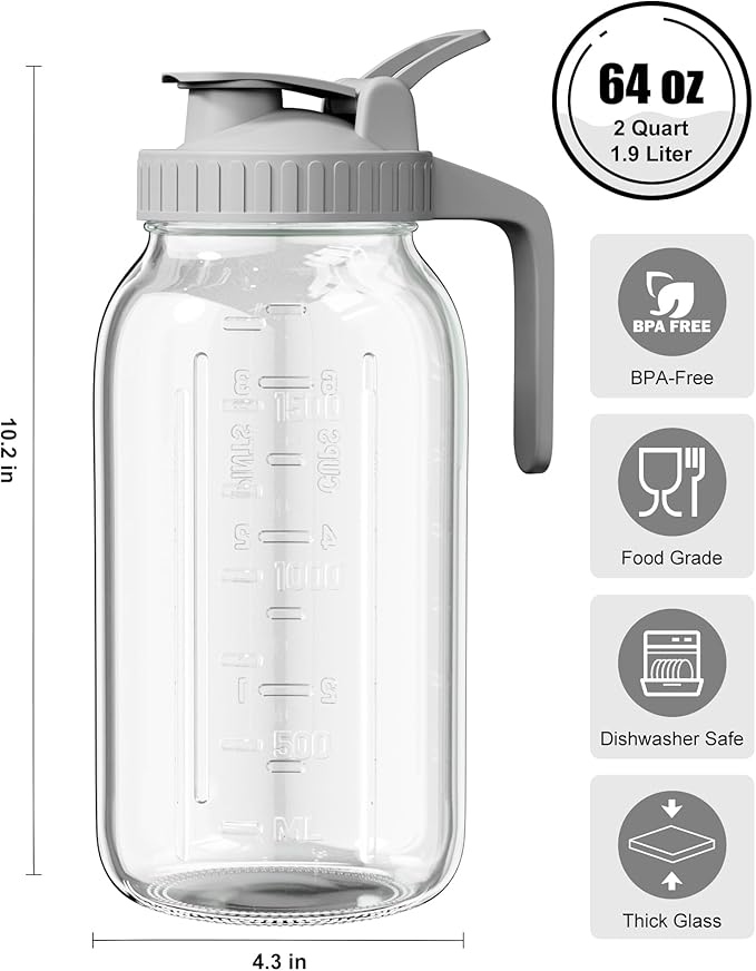 OneDream Glass Pitcher with Lid – 64oz Glass Mason Jar Pitcher with Wide Mouth, Airtight Seal, Leak-Proof, Spout Design – Ideal for Iced Tea, Sun Tea, Cold Beverages, and Home Entertaining - Image 2