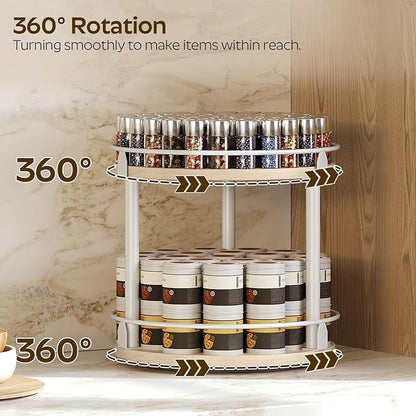 YATINEY Lazy Susan Organizer, Rotating Spice Rack, 2 Tier Spice Turntable Organizer, Industrial Turntable Spice Holder, for Kitchen Countertop, Compact and Versatile, White and Light Oak SR22WG - Image 3