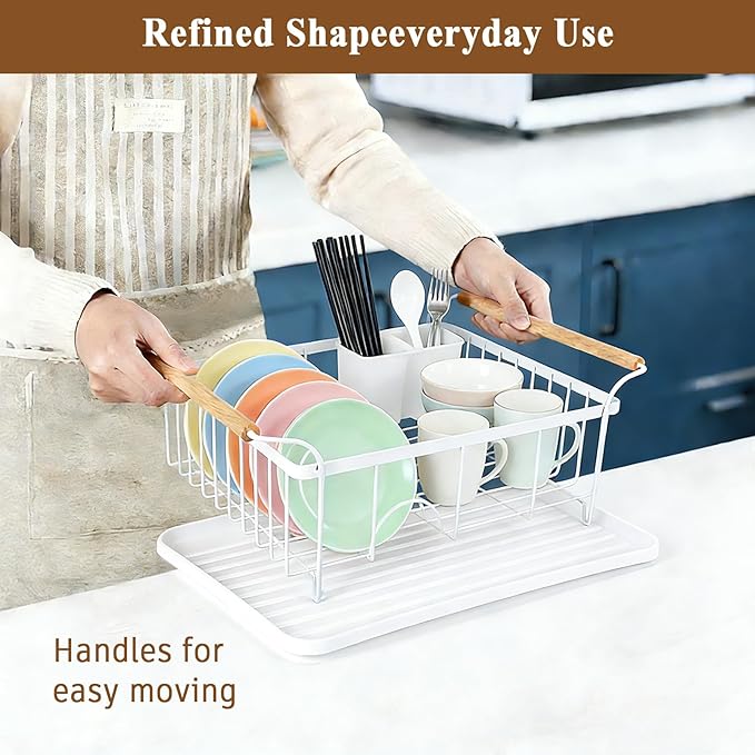 Dish Racks for Kitchen Counter, Thickened Metal Dish Drying Rack with Wooden Handles, Kitchen Countertop Organizer for Dishes, Spoons and Forks, No Assembly, White, 18.7''*12.6''*5.51'' - Image 8