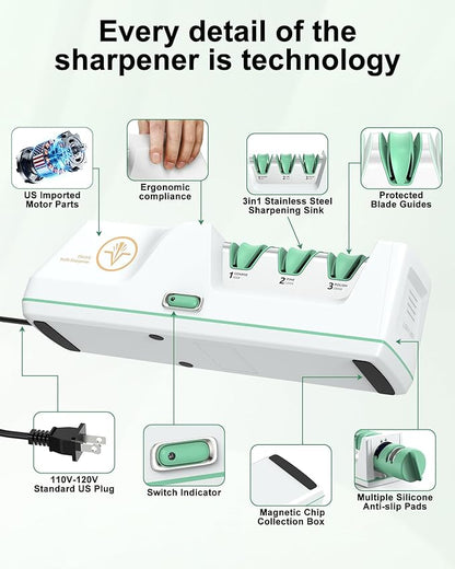 Electric Knife Sharpener with Replaceable Sharpening Head Easy to Change, 3-Stage & 15° Precision Angle Diamond Sharpening System for Metal Knives, Ceramic knives, Exquisite Gifts and Packaging
