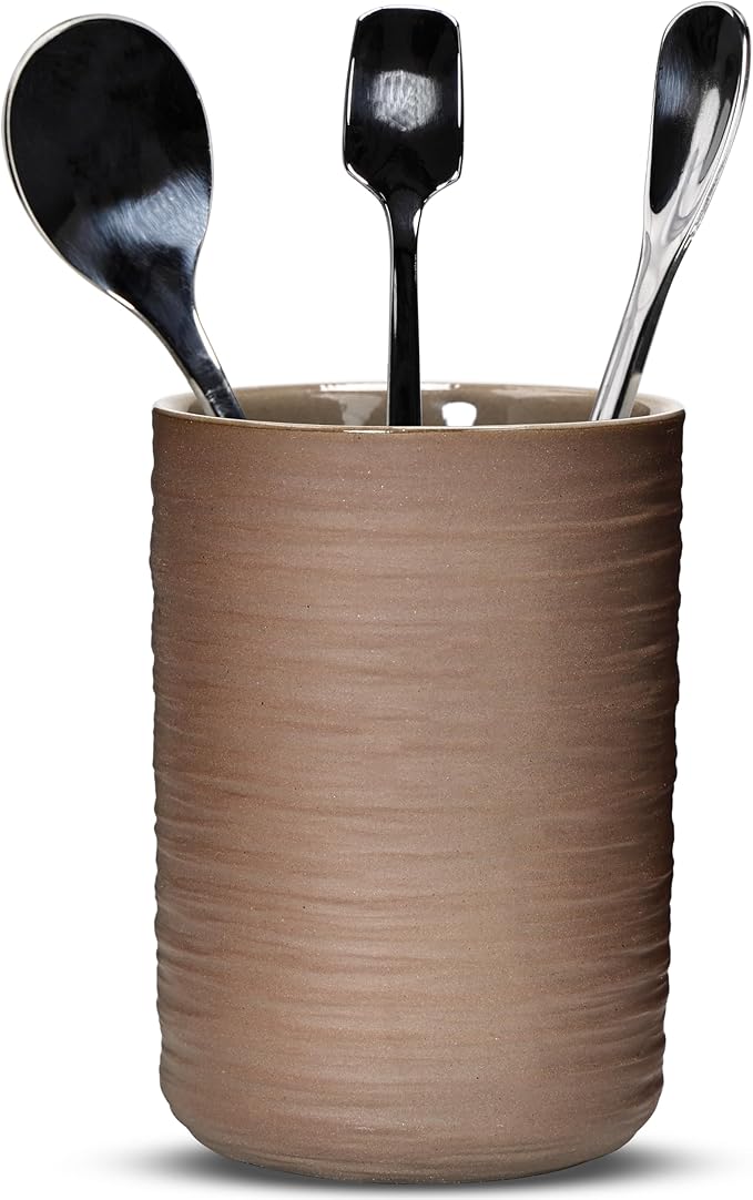 Ceramic Spoon Holder for Coffee Bar, Upright Tea Spoon Holder Cup, Coffee Stirrers Straws Stir Stick Holder, Coarse Pottery Silk Stripe by U-TIMES