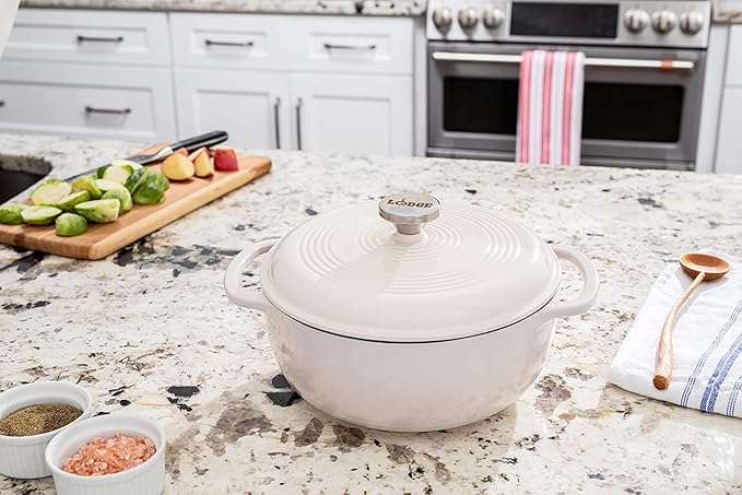 Lodge Essential Enamel Cast Iron Dutch Oven with Lid - Induction- Oven-Safe Enamel Cookware up to 500° F - Heat-Retaining Braising & Roasting Pot - Non-Toxic Cookware - 7.5 Quart, Oyster White - Image 2