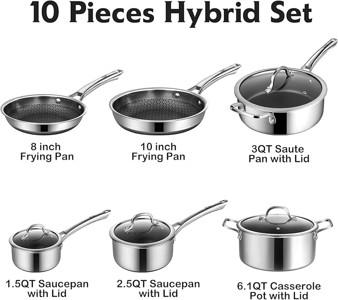 Non Stick Frying Pans Set, Hybrid Pans Set Nonstick (10 pcs), Pan for cooking, PFOA Free Kitchen set, Dishwasher and Oven-Safe Cookware Sets, Stainless Steel Skillets - Image 6