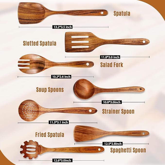 Mooues Wooden Spoons for Cooking, Wooden Utensils for Cooking Natural Teak Wooden Kitchen Utensils Set Comfort Grip (7 PCS SET) - Image 6