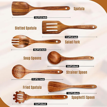 Mooues Wooden Spoons for Cooking, Wooden Utensils for Cooking Natural Teak Wooden Kitchen Utensils Set Comfort Grip (7 PCS SET) - Image 6