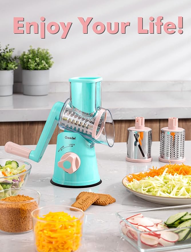Geedel Rotary Cheese Grater, Kitchen Mandoline Vegetable Slicer with 3 Interchangeable Blades, Easy to Clean Rotary Grater Slicer for Fruit, Vegetables, Nuts - Image 8