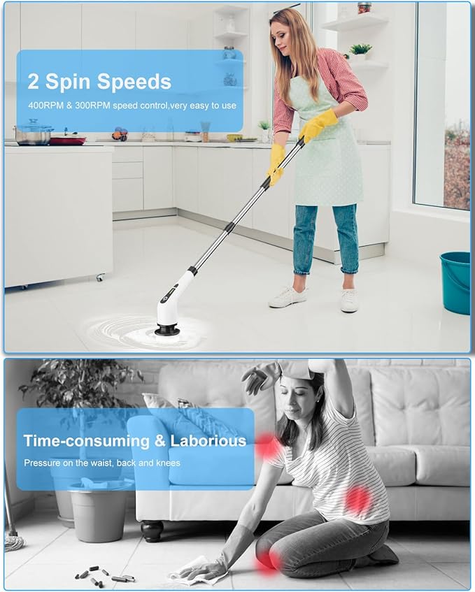 Leebein Electric Spin Scrubber, Cordless Cleaning Brush with 8 Replaceable Brush Heads, Tub and Floor Tile 360 Power Scrubber Dual Speed with Adjustable & Detachable Handle for Bathroom Kitchen Car - Image 2