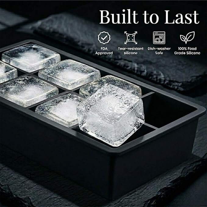Large Silicone Ice Cube Tray - 3 Pack Trays for 8 Square Cubes with Large Bin, Scoop, Tong & 2 SS Straws - Easy Release Ice Mold for Whiskey, Cocktails, Coffee (Black) - Image 4