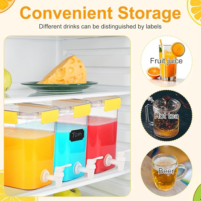 Mumufy 3 Set Plastic Drink Dispensers for Parties Beverage Dispenser for Fridge with Spigot Iced Juice Lemonade Container with Labels and Pens Summer Party Supplies(0.92 Gallon,Yellow) - Image 3
