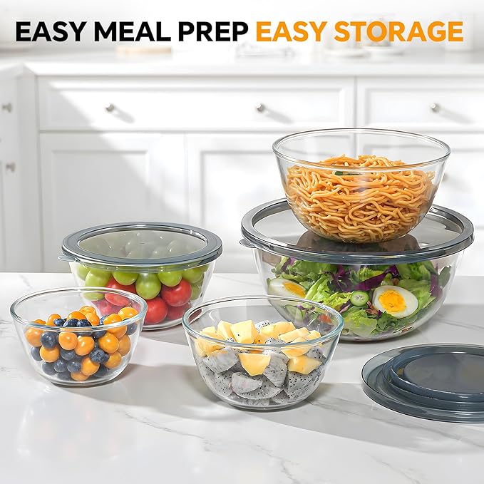 Glass Mixing Bowls with Lids Set of 5(4.78QT,2.2QT,1.7QT,1.1QT,0.85QT),Thick Glass Nesting Bowls for Kitchen Baking,Cooking Prep,Storage,Serving,Large Salad Bowls,Dishwasher Microwave Freezer Safe - Image 2